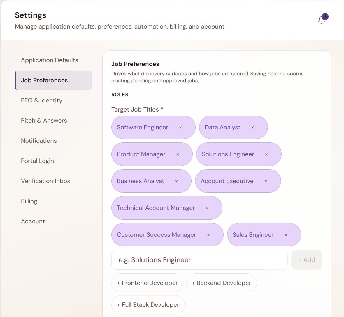 Effortless Apply settings showing saved job preferences