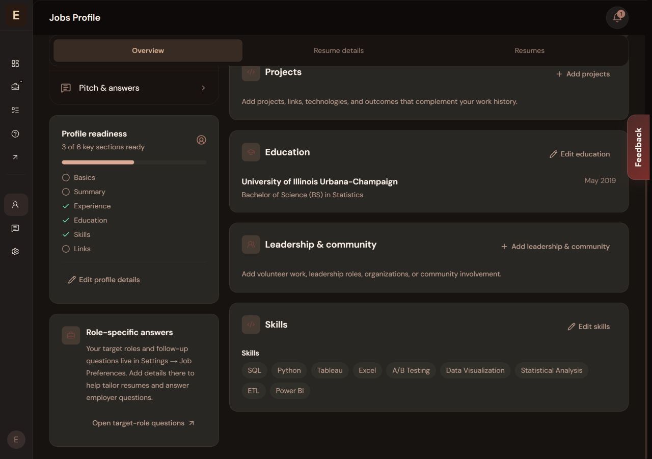 Saved SQL, Python, Tableau and other skills in the demo profile